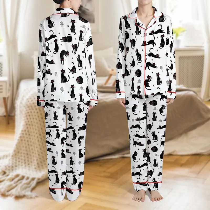 Matching Couples Cotton Pajama Set: Whimsical Black Cats & Yarn Print on White Satin Pajamas Set - 1