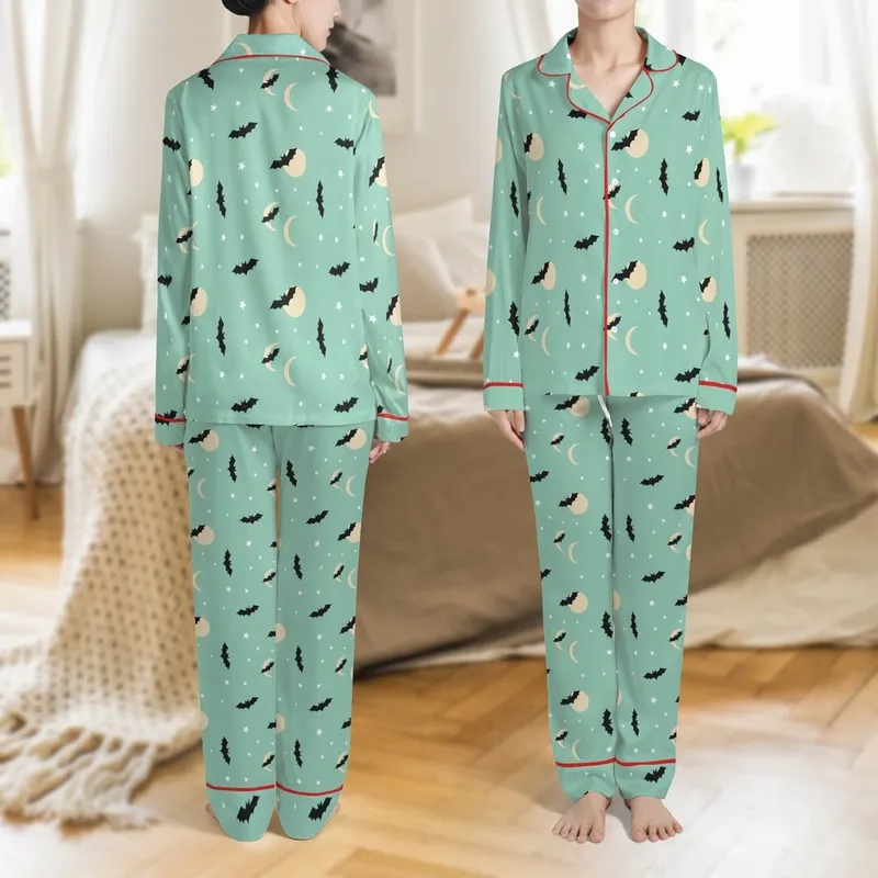 Women's Cute Bat Moon Pajamas Set: Mint Green Night Sky Graphic Print - Relaxed Polyester Spandex Loungewear Satin Pajamas Set - 1