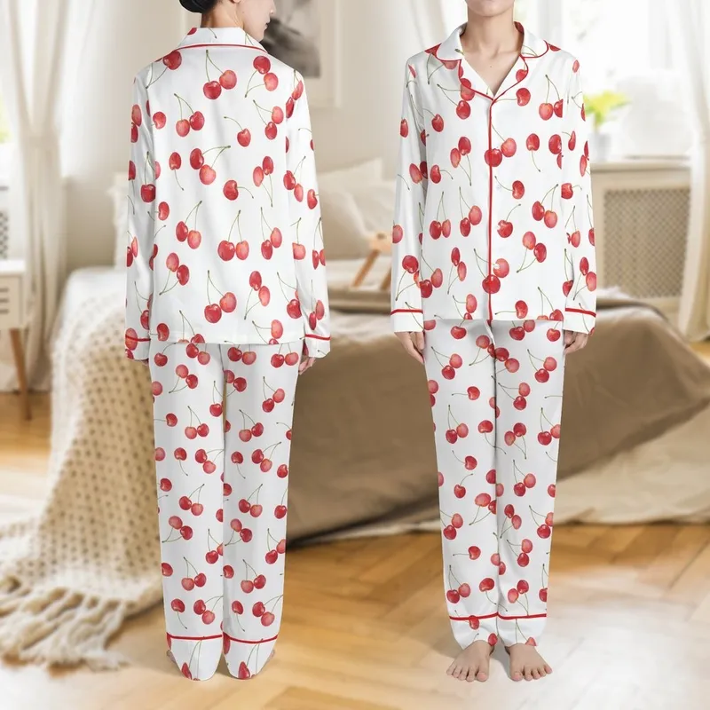 Women's Kawaii Satin Loungewear: Cherry Watercolor Fruit Short Sleep Set Satin Pajamas Set - 1
