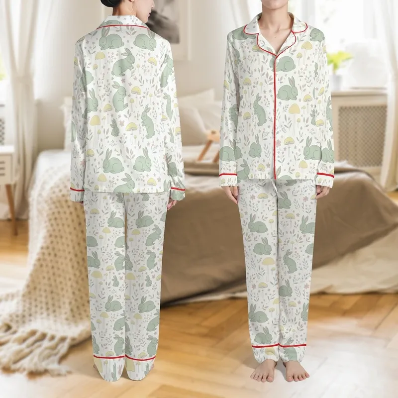 Toddler Bamboo Viscose Pajamas: Whimsical Sage Rabbit & Mushroom Forest Print - Long Sleeve Set Satin Pajamas Set - 1