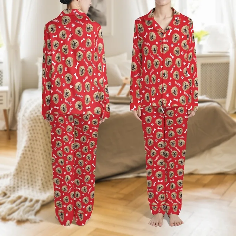 Unisex Custom Pet Portrait Loungewear: Red Golden Retriever Face, Bone, Paw & Buddy Pattern Satin Pajamas Set - 1