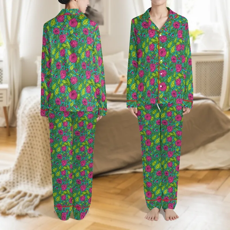 Women's Turquoise Poppy Hand Block Print Cotton Poplin Winter Loungewear Set Satin Pajamas Set - 1