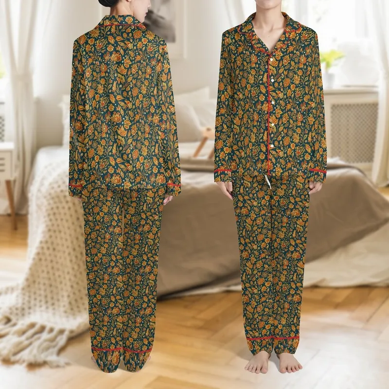 Women's Teal Gold Batik Floral Polysatin Sleep Set: Her Unique Gift Satin Pajamas Set - 1