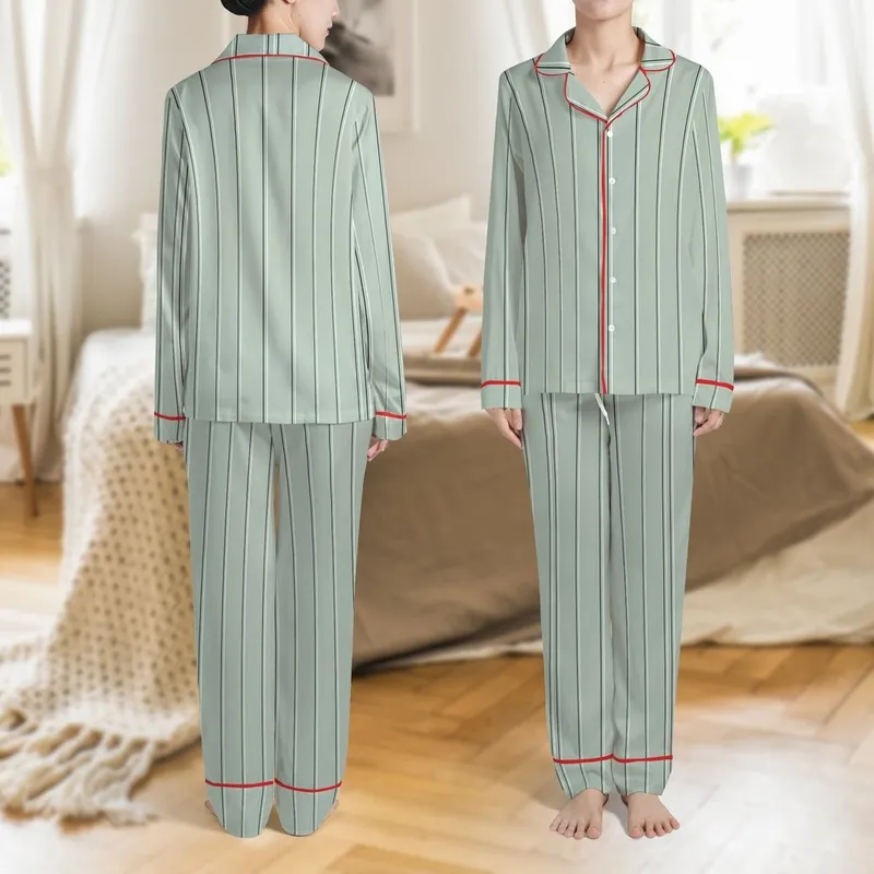 Personalized Bride Bridesmaid: Elegant Sage Green Pinstripe Monogram Satin Pajama Set Satin Pajamas Set - 1