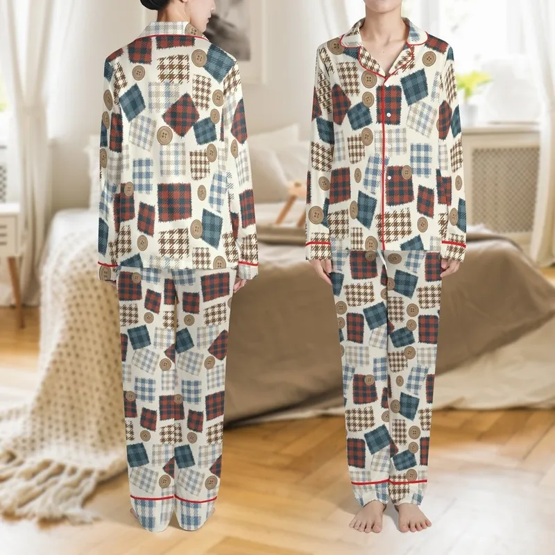 Newborn Baby Boy Handmade Checkered Patch Wood Button Footed Romper & Knot Hat Set Satin Pajamas Set - 1