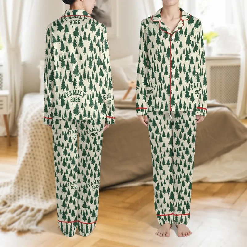 Personalized Family 2025 Christmas Pajama Top: Rustic Vintage Pine Tree 'FAMILY' Design Satin Pajamas Set - 1