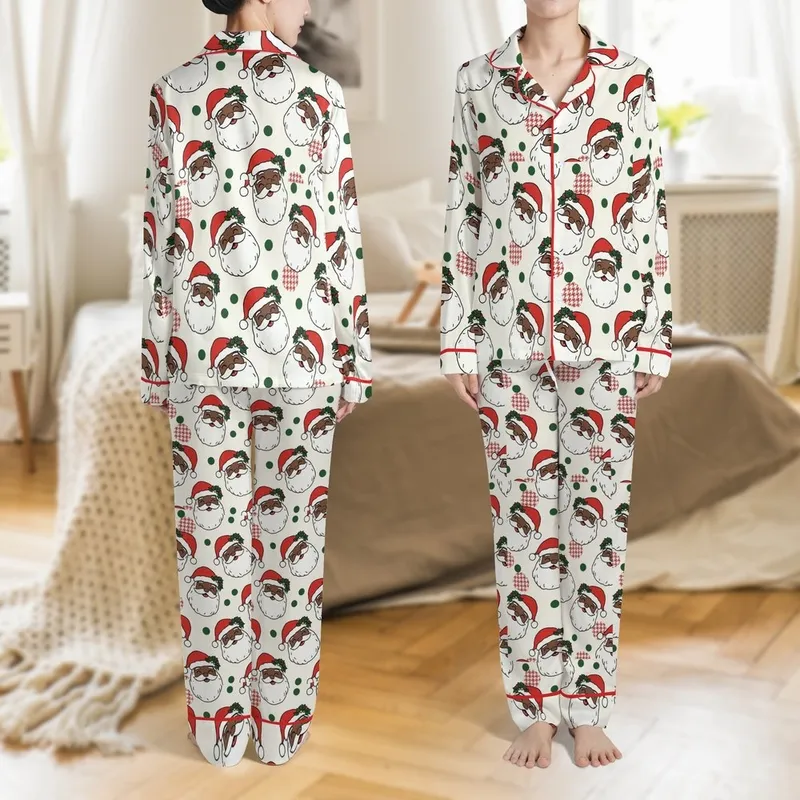 Black Santa Pajamas: Hand-Drawn Cartoon Heads, Holly & Polka Dot Cream Print Sleep Set Satin Pajamas Set - 1
