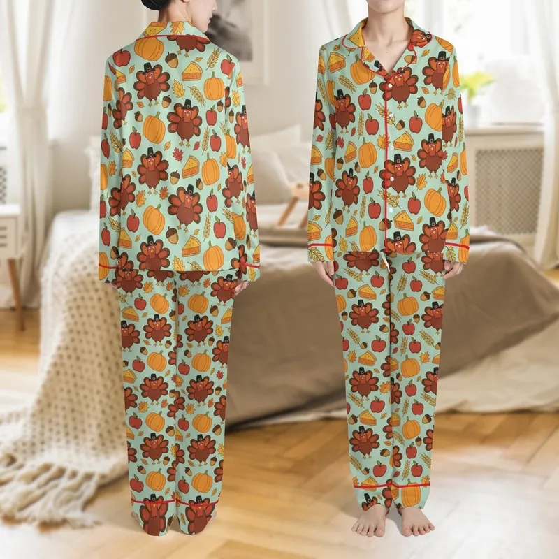 Family Fall Sleep Set: Whimsical Turkey, Pie, Apple & Acorn Autumn Print Satin Pajamas Set - 1