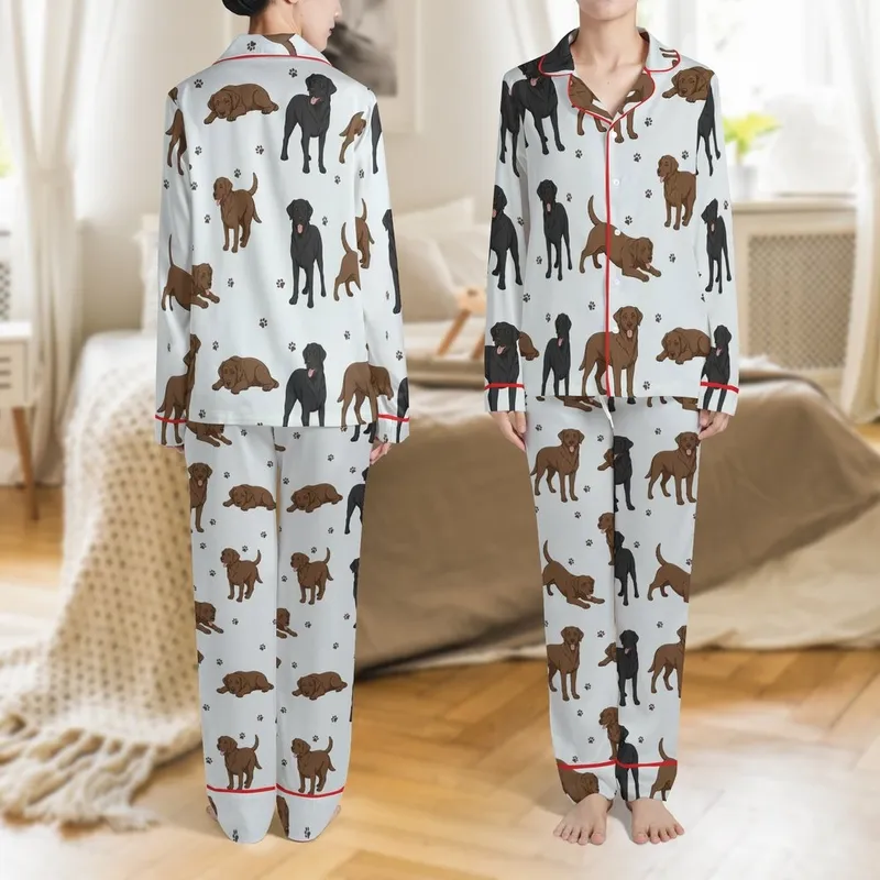 Unisex Chocolate Lab: Realistic Retriever & Paw Print Cotton Blend Soft Lounge Bottoms Satin Pajamas Set - 1