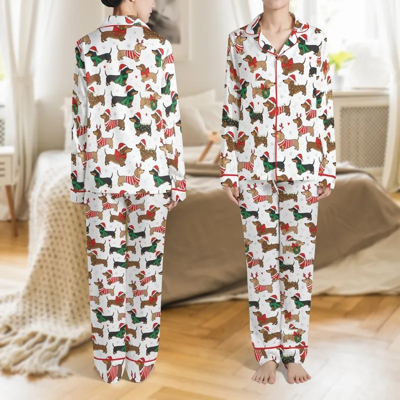 Family Dachshund Christmas Pajamas: Whimsical Dog Pattern with Santa Hats & Scarves Satin Pajamas Set - 1