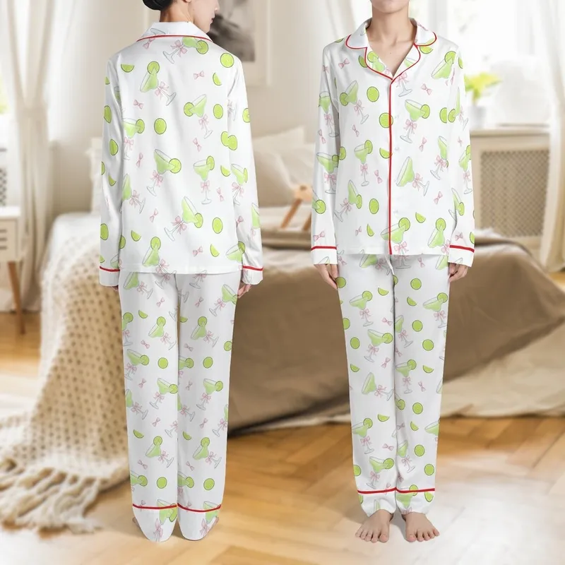 Women's Coquette Bridesmaid Margarita Pink Ribbon Watercolor Pajama Set Satin Pajamas Set - 1