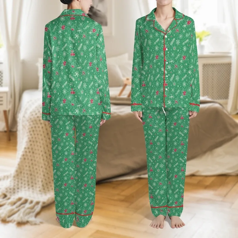 Family Personalized Christmas Sleep Set: Vintage Holly, Pine, Snowflakes & Presents Pattern Satin Pajamas Set - 1