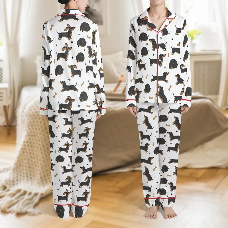 Dachshund Lover's Playful Black & Tan Wiener Dog Cartoon Pattern Cozy Pajamas Set Satin Pajamas Set - 1