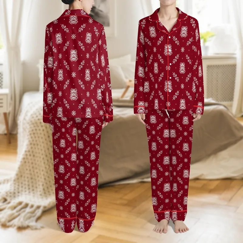 Personalized Family & Couples: Ornate Monogram & Winter Berry Crimson Christmas Loungewear Set Satin Pajamas Set - 1