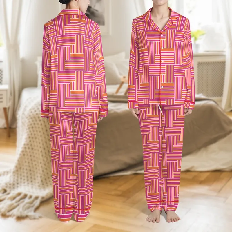Women's Handmade Indian Cotton Nightwear Set: Vibrant Hot Pink Orange Geometric Stripe Satin Pajamas Set - 1