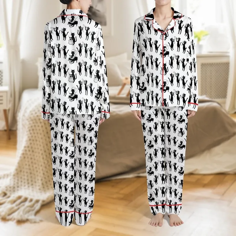 Music Lover's Whimsical Black Cat Saxophone Orchestra All-Over Print Pajamas Set Satin Pajamas Set - 1