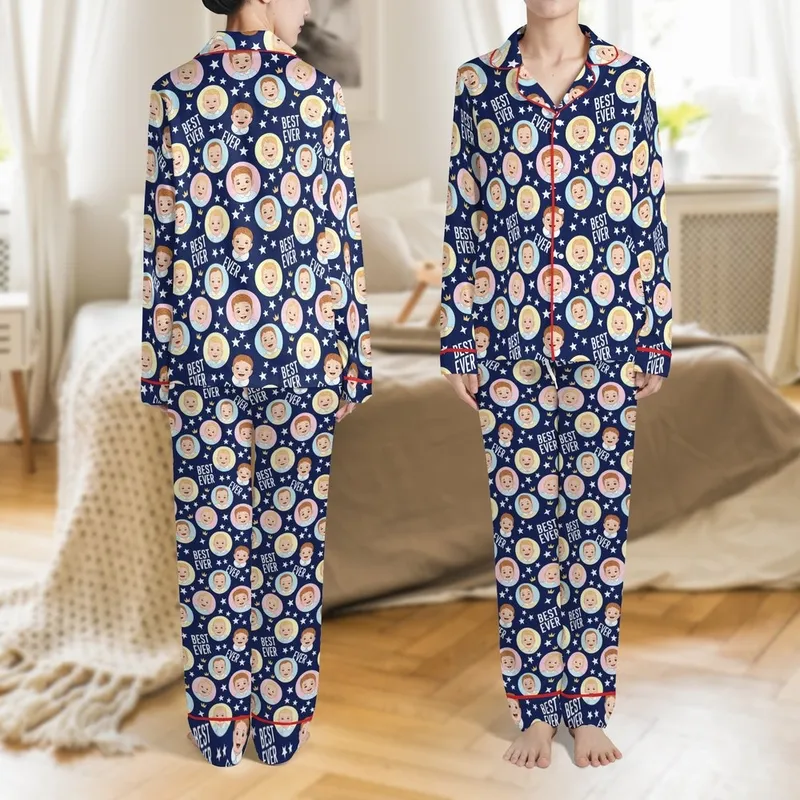Unisex Custom Face Loungewear: Deep Navy 'Best Dad Ever' Stars & Baby Faces Pattern – Soft Spandex Bottoms Satin Pajamas Set - 1