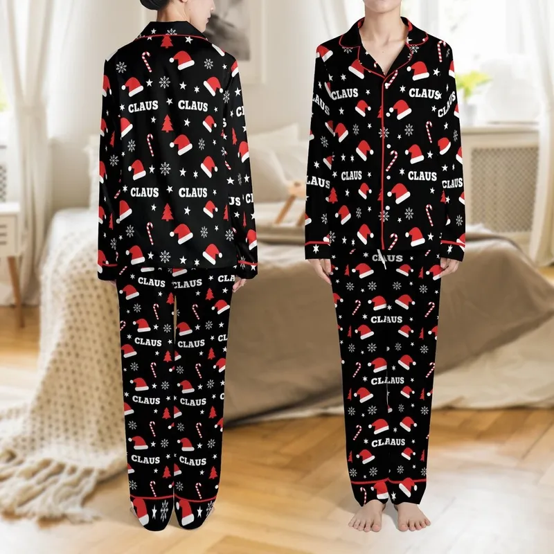 Family Matching Christmas Pajamas: Red Santa Hat & "CLAUS" Pattern - Festive Holiday Loungewear Satin Pajamas Set - 1