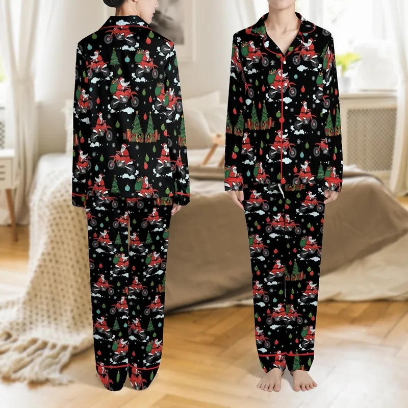 Custom Name Motocross Rider's Santa Dirt Bike Wheelie Spandex Christmas Pajama Set Satin Pajamas Set - 1