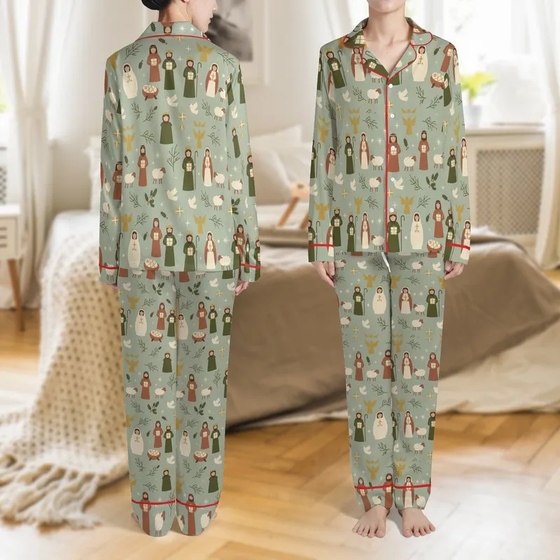 Christian Christmas Satin Pajamas: Sage Green Nativity Scene Folk Art Pattern Satin Pajamas Set - 1