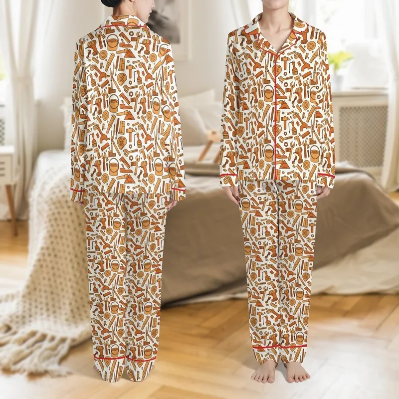 Kids' Builder Custom Name Playful Tool Pattern Modal-Spandex Long Sleeve Sleep Set Satin Pajamas Set - 1