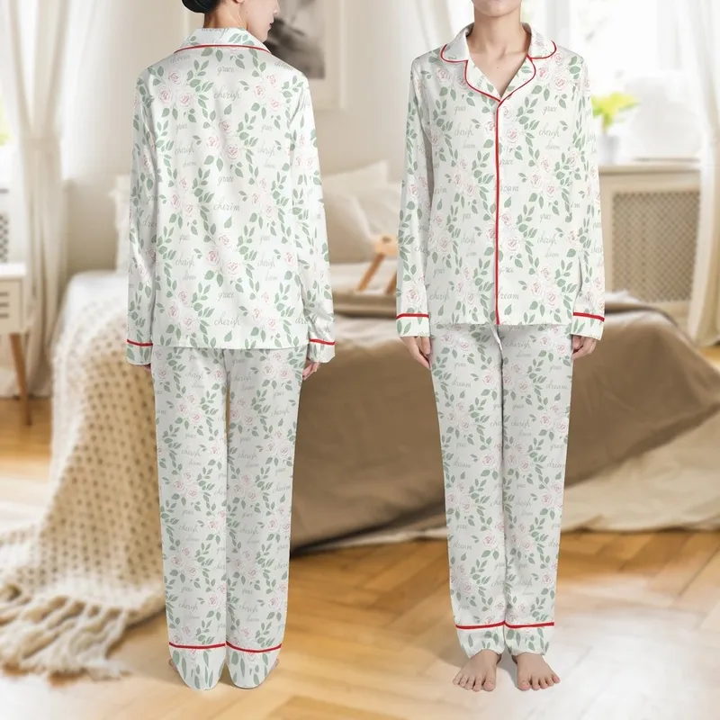 Bridesmaid Personalized Satin Pajamas: White Rose Eucalyptus & Sage Script Long Sleeve Set Satin Pajamas Set - 1