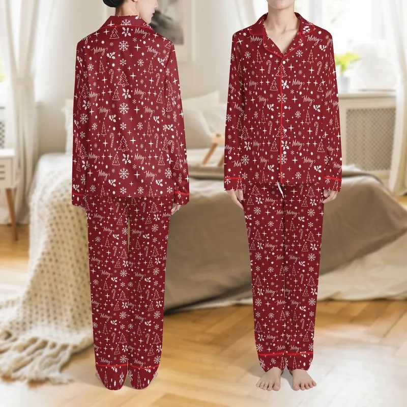 Personalized Family Christmas Pajamas Set: Maroon Red Snowflakes, Holly & Merry Script Polyester Sleepwear Satin Pajamas Set - 1