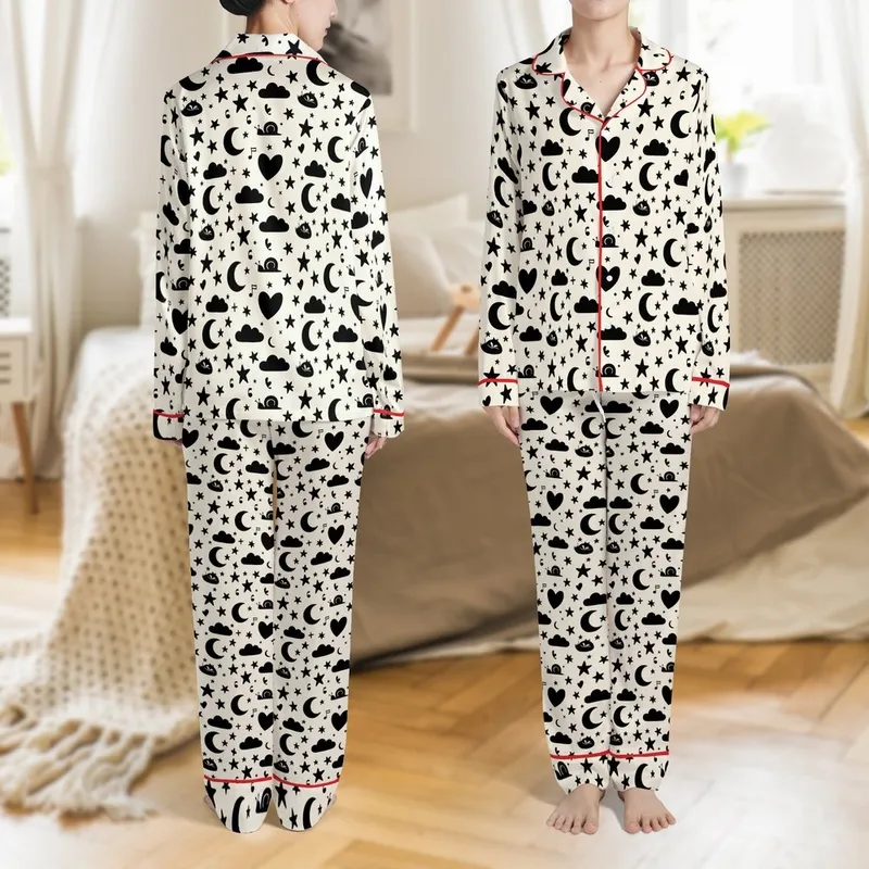 Unisex Whimsical Moon Star Cloud Animal All-Over Print Comfy Sleep Set Satin Pajamas Set - 1