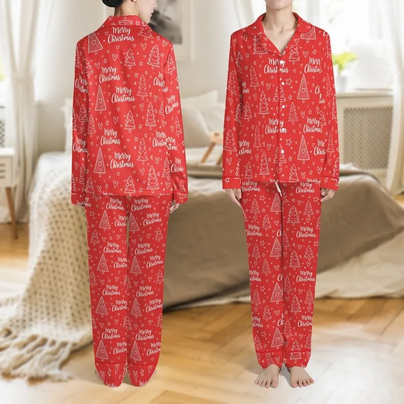 Personalized Family Matching Christmas: Whimsical Tree Print Cotton Flannel Pajamas Set Satin Pajamas Set - 1