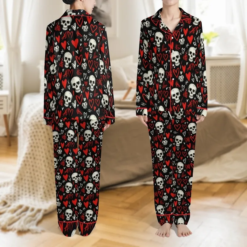 Unisex Gothic Skull & Heart Eye Pajama Bottoms: Distressed Sketch Art Print, Red Hearts, Soft Polyester Satin Pajamas Set - 1