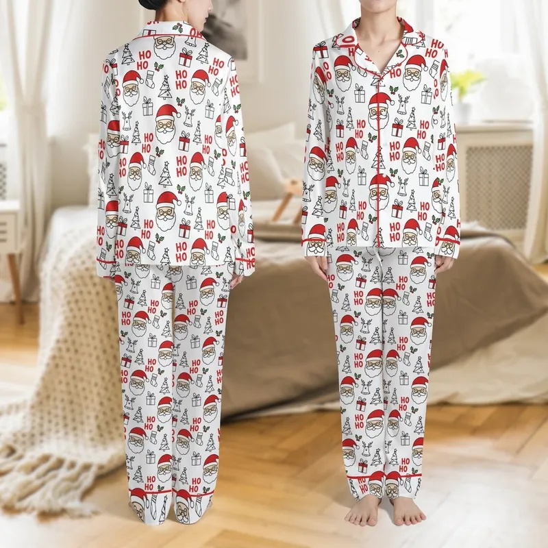 Family Christmas Magic Pajamas: Colorable Hand-Drawn Santa & Holly Outline Art Satin Pajamas Set - 1