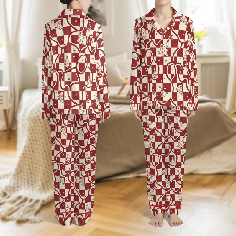 Holiday Pizza Party Pajamas: Red Checkerboard Gingerbread & Christmas Tree Sleep Set Satin Pajamas Set - 1