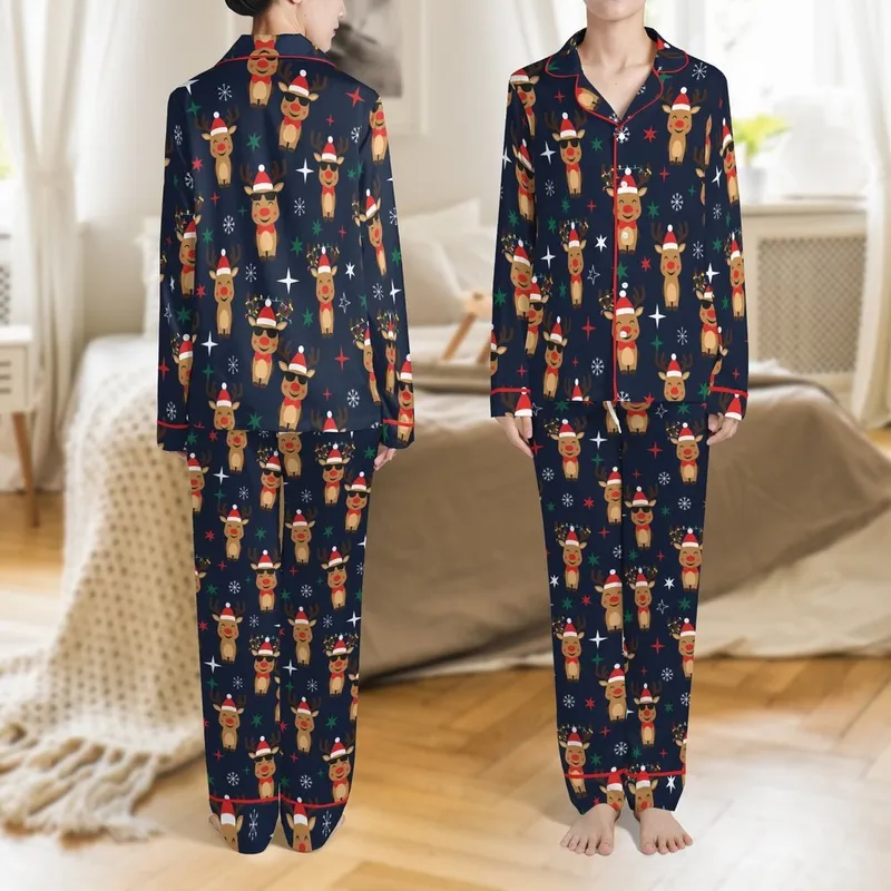 Family Matching Christmas Pajamas Design: Cheerful Reindeer with Santa Hats & String Lights Satin Pajamas Set - 1