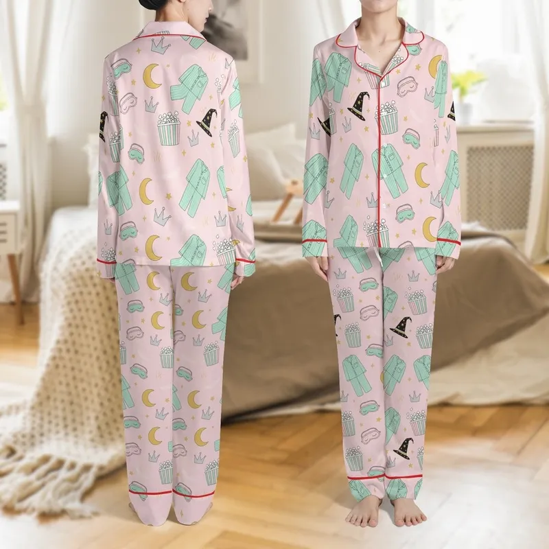 Girls' Whimsical Witch Slumber Pattern Sleep Set - Pink Green Starry Fantasy Loungewear Satin Pajamas Set - 1