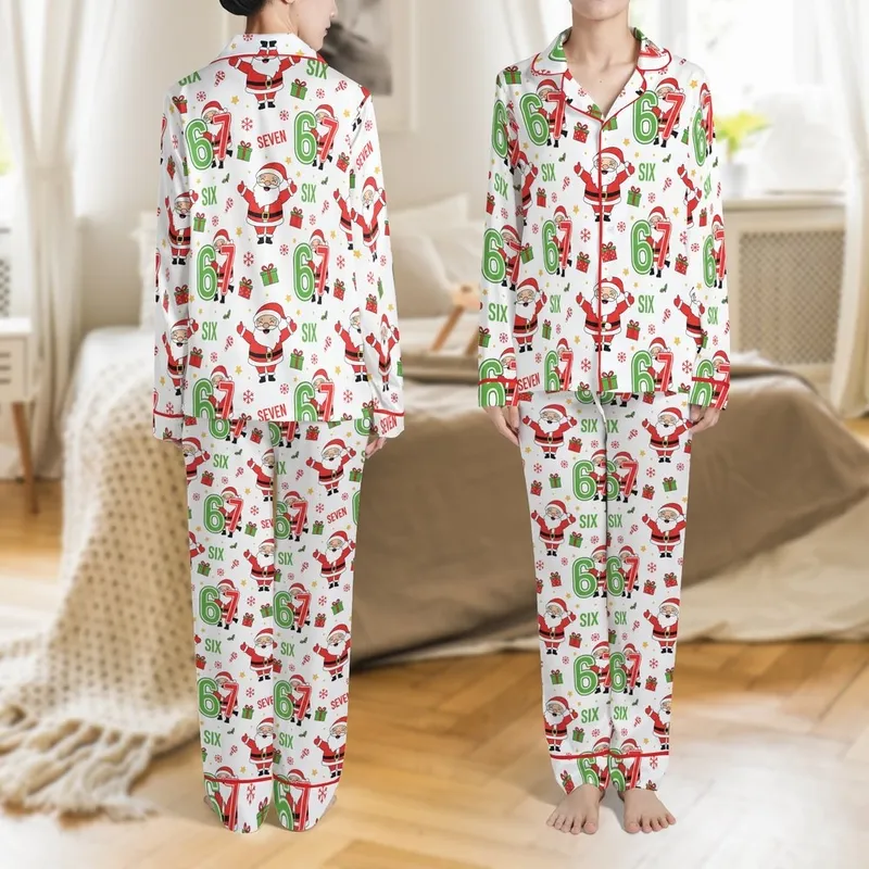 Family Funny Santa Says Six Seven 67 Meme Christmas Festive Polyester Spandex Pajamas Satin Pajamas Set - 1