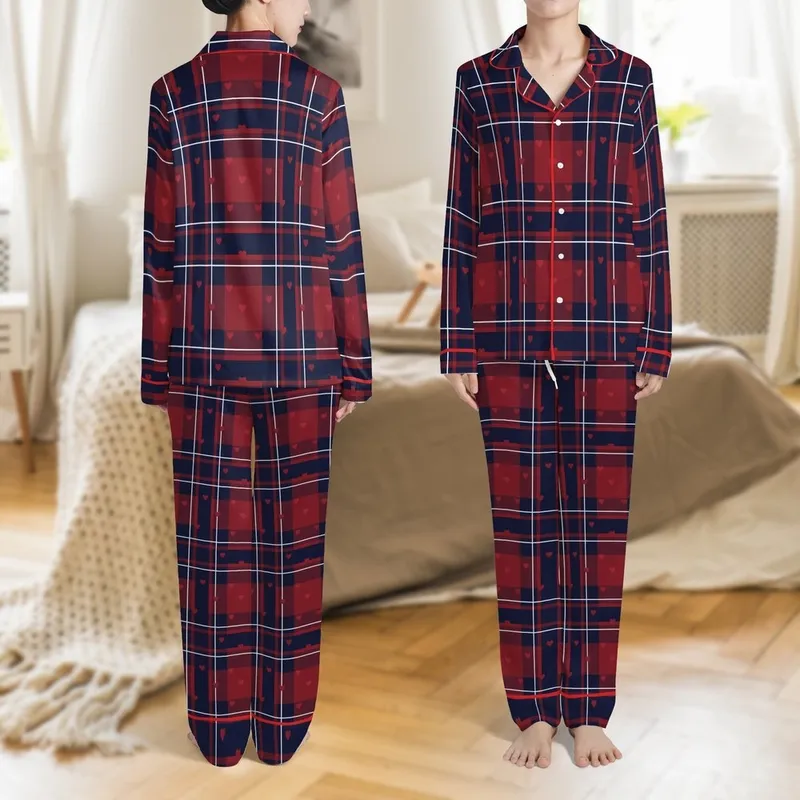 Personalized Valentine's Day Crimson Navy Plaid Heart Flannel Sleep Set Satin Pajamas Set - 1