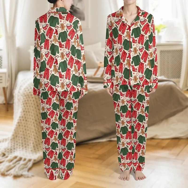 Christmas Pajamas: Whimsical Gingerbread Hot Chocolate Party Pattern Sleep Set Satin Pajamas Set - 1