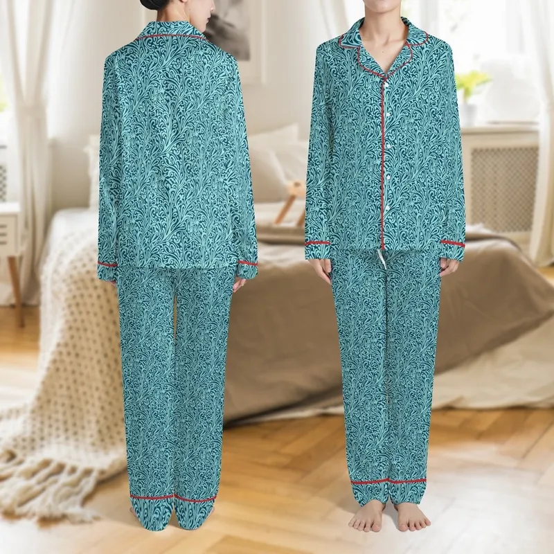 Men's Full Length Hooded Robe: Teal Organic Botanical Pattern - Turkish Cotton Terry Satin Pajamas Set - 1