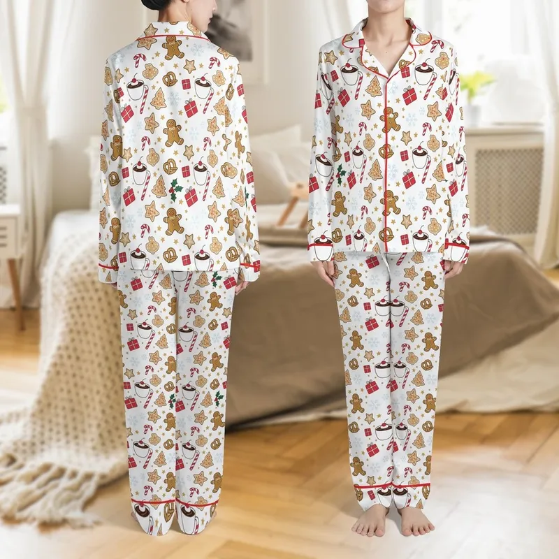 Family Christmas Pajamas Set: Whimsical Gingerbread & Sweet Treat Pattern - Cozy Long Sleeve Spandex Sleepwear Satin Pajamas Set - 1