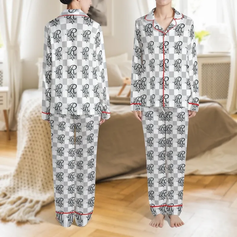 Bridesmaid Group Personalized Grey Gingham Script R Botanical Design Rayon Relaxed Fit Sleep Set Satin Pajamas Set - 1