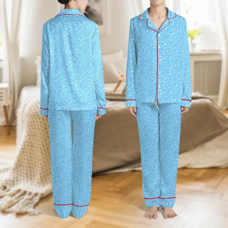 Women's Relaxed Fit Pajamas: Sky Blue Cloud Ripple Print - Snap Sleeve Cotton Bamboo Set Satin Pajamas Set - 1