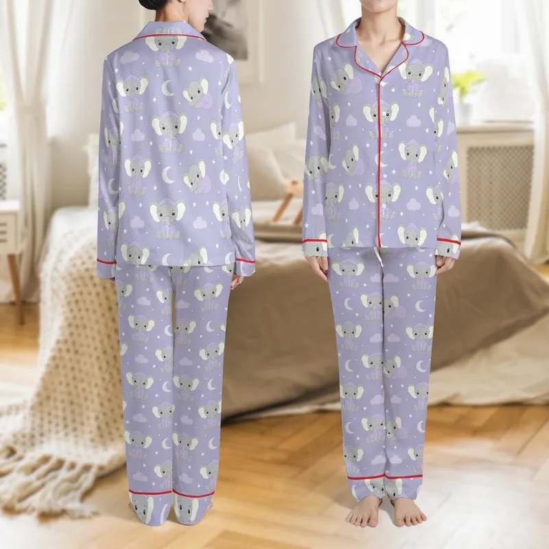 Whimsical Elephant Loungewear: Lavender Plushie Character Pattern - Stars & Moons Sleep Set Satin Pajamas Set - 1