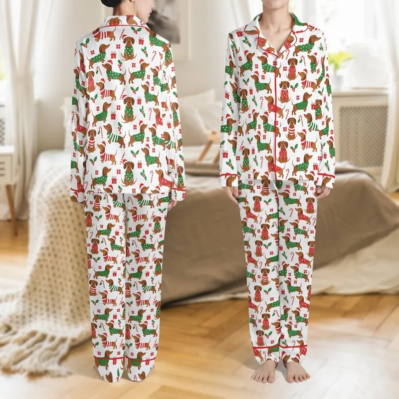 Dachshund Dog Lovers: Festive Sausage Dog, Holiday Sweaters & Santa Hats Soft Poly-Spandex Pajama Set Satin Pajamas Set - 1