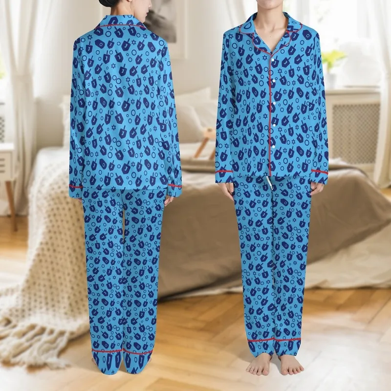 Hanukkah Festival: Dark Blue Dreidel Gelt Star Flat Graphic All-Over Print Satin Pajamas Set - 1