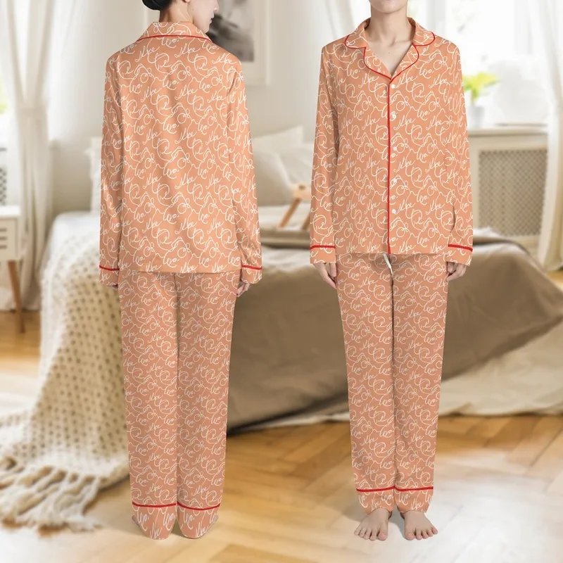 Bridal Party & Bride: Personalized White 'Love' Script on Peach-Orange Silky Satin Camisole & Shorts Pajamas Set Satin Pajamas Set - 1