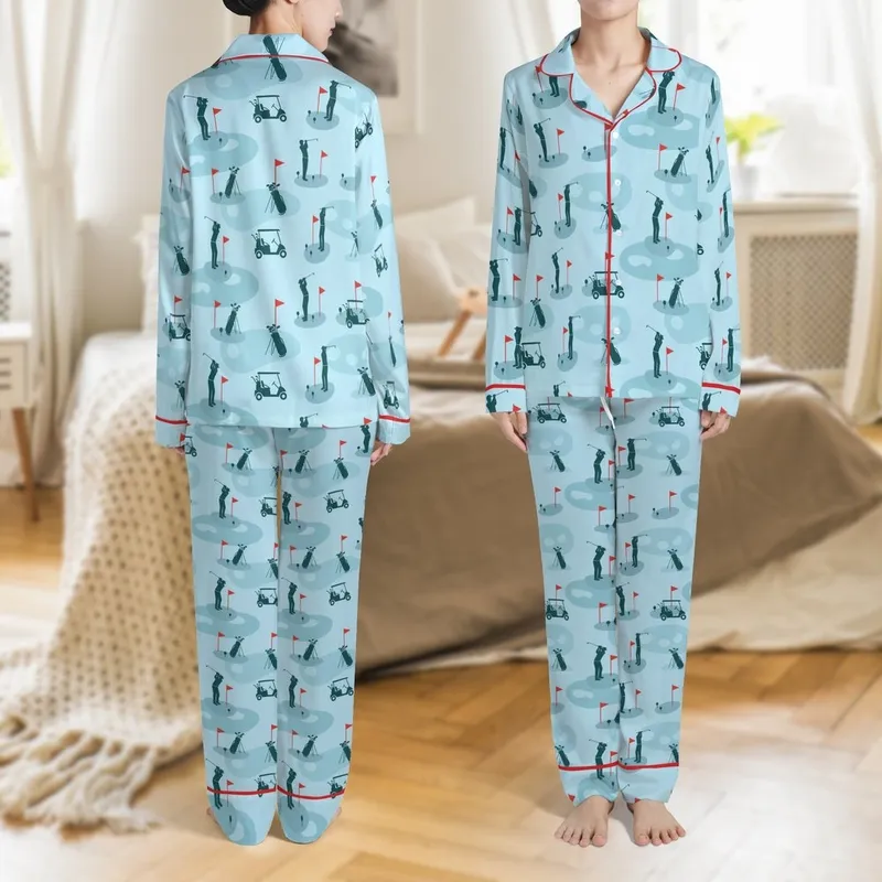 Golf Enthusiast: Seamless Golf Course Silhouette Pattern - Flat Graphic Art Print Kid Satin Pajamas Set - 1