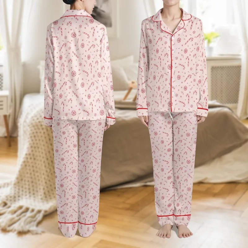Winter Sweetheart: Playful Two-Tone Rose Candy Cane & Peppermint Pattern - Blush Pink Holiday Motif Satin Pajamas Set - 1