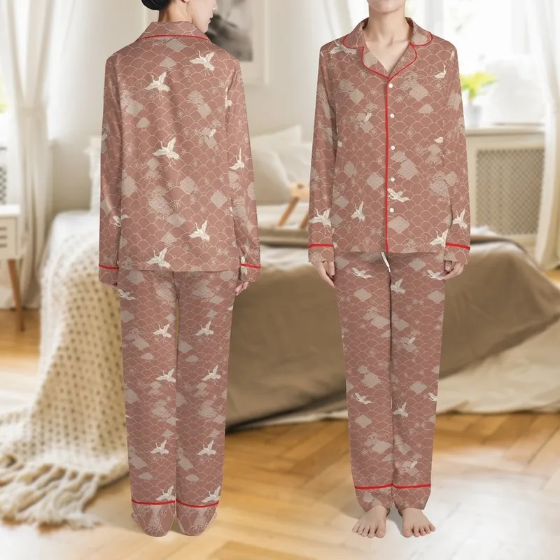 Japanese Art Lover: Terracotta-Rose Seigaiha Wave, Sakura & Crane All-Over Print Satin Pajamas Set - 1
