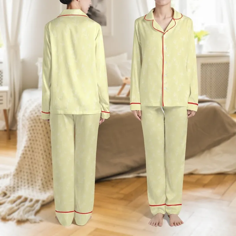 Women's Muslin Cotton Pajamas: Delicate Pale Yellow Wildflower Botanical Print - Breathable Sleepwear Satin Pajamas Set - 1