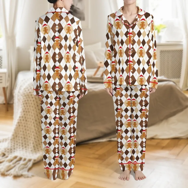 Gingerbread Family Holiday: Brown Argyle Candy Cane Pattern - Soft Long Sleeve Sleep Set Satin Pajamas Set - 1